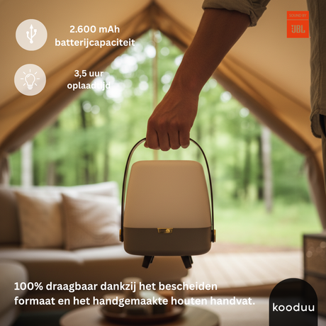 Person holding a portable device with charging details and 'kooduu' branding.