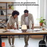 Two people working at a desk with a Kooduu lamp, JBL logo visible.