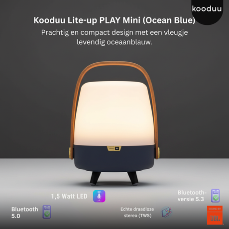 Kooduu Lite-up PLAY Mini lamp with ocean blue base and wooden handle on a gray background