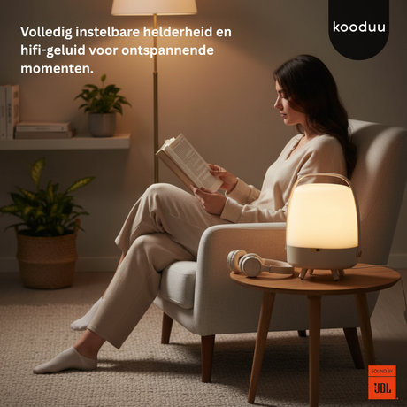Woman reading a book in a cozy room with a lamp and 'kooduu' branding.