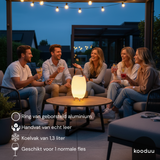 Group of people sitting around a table with a kOODU SYNERGY 35 COOLER LAMP on a patio at night, featuring text about a product.