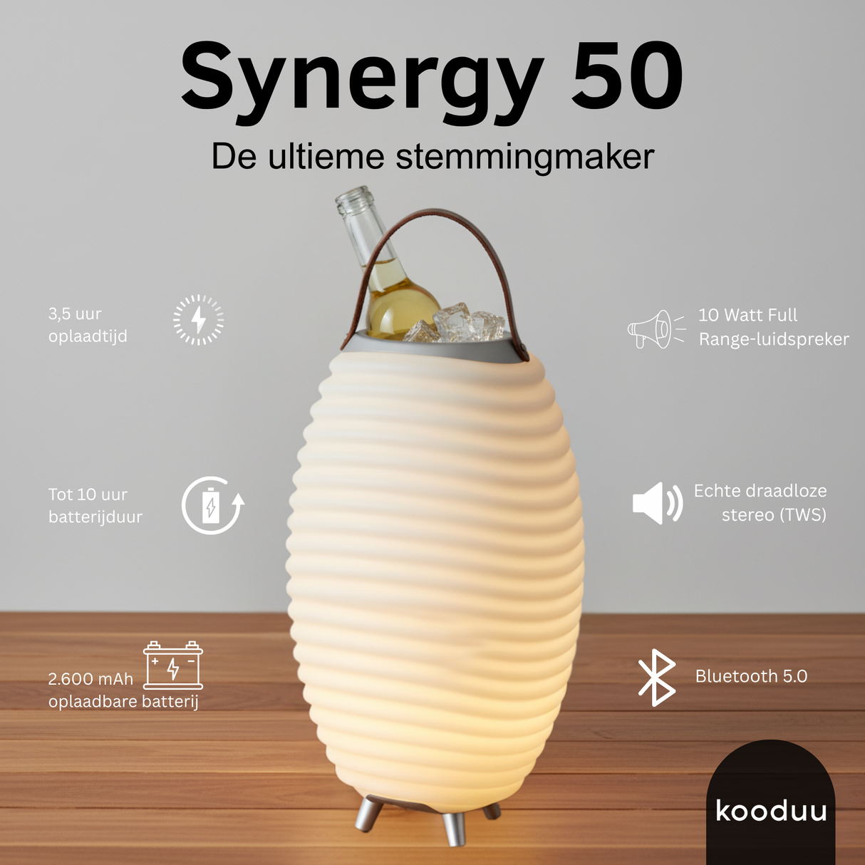 Kooduu Synergy 50 mood light with bottle on a wooden surface
