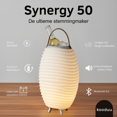 Kooduu Synergy 50 mood light with bottle on a wooden surface