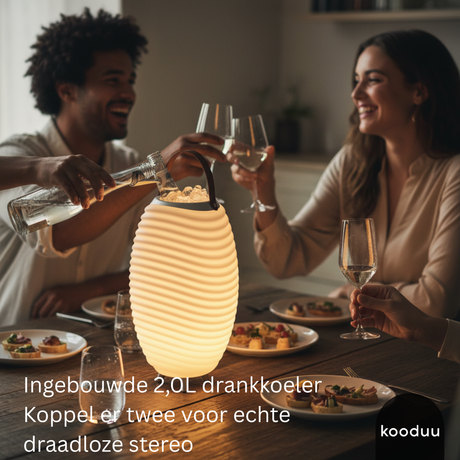 People enjoying a meal with a glowing Kooduu Synergy 50 lamp and drink cooler, featuring the brand 'kooduu'.