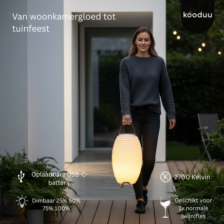 Woman holding a rechargeable outdoor lantern with product details on a modern patio.