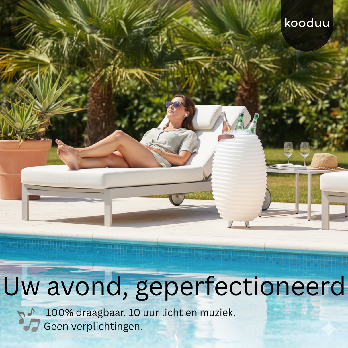 Two people enjoying a meal with a glowing lamp in the center, featuring the brand 'kooduu'.