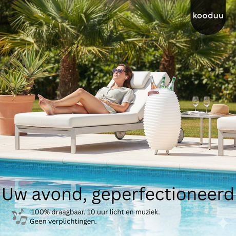 Two people enjoying a meal with a glowing lamp in the center, featuring the brand 'kooduu'.