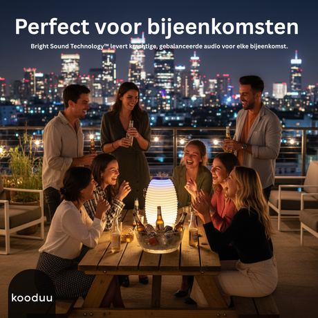 Group of people enjoying a gathering on a rooftop with city lights in the background, featuring Bright Sound Technology by kooduu.
