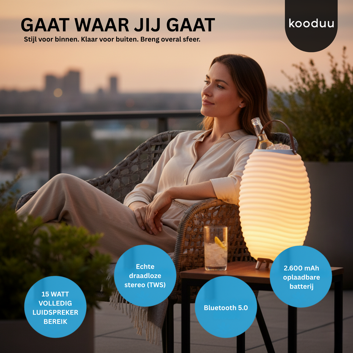 Woman sitting on a patio with a lantern and speaker, with text highlighting features and brand name.