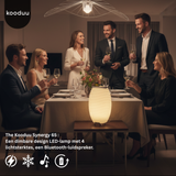 Group of people enjoying a dinner party with a Kooduu Synergy 65 lamp on the table.