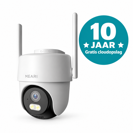MEARI S2 Plus 2K buitencamera met auto tracking – witte PTZ-camera met badge voor 10 jaar gratis cloudopslag