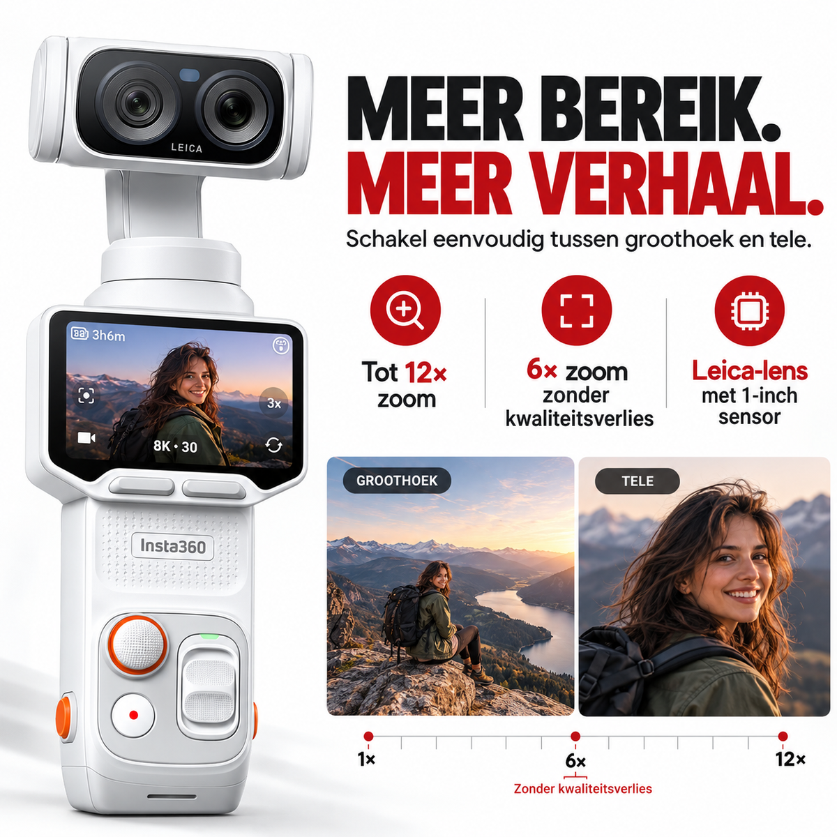 Insta360 Luna Ultra Standard Bundle gimbalcamera Stellar White – zoombereik tot 12x met scherpe details op afstand