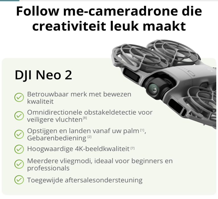 DJI Neo 2 Camera Drone – 4K/60fps, ActiveTrack, SelfieShot, Gesture Control, Omnidirectionele Obstakeldetectie, 49 GB Opslag