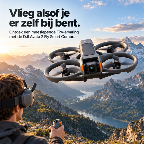 DJI Avata 2 Fly Smart Combo FPV-drone met Goggles N3 – drone vliegt door berglandschap met FPV-beeld