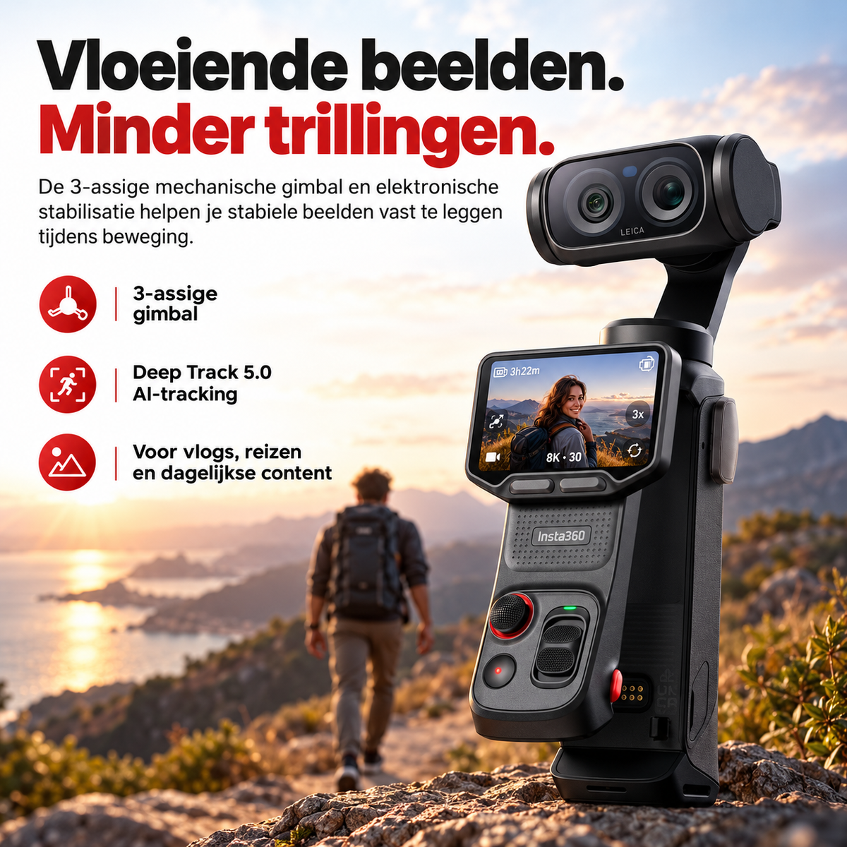 Insta360 Luna Ultra Creator Bundle gimbalcamera Cosmic Black – wandelaar bij zonsondergang met stabiele 3-assige gimbal