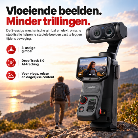 Insta360 Luna Ultra Creator Bundle gimbalcamera Cosmic Black – wandelaar bij zonsondergang met stabiele 3-assige gimbal