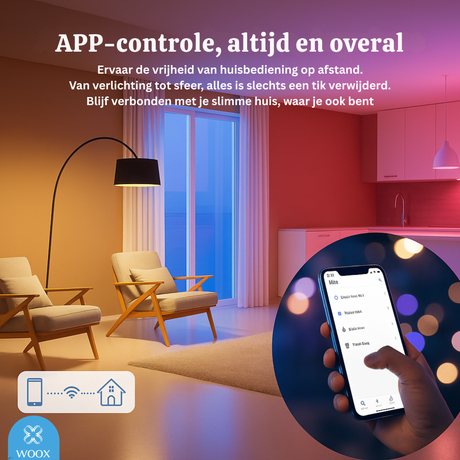 Living room with smart home devices and a smartphone app control interface.