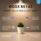 WOOX R5143 smart light spot with a potted plant on a wooden surface, featuring product details.