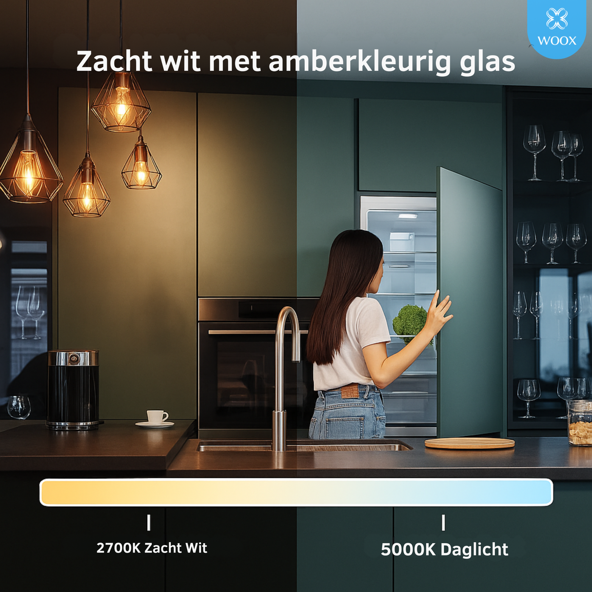 Woman opening a refrigerator in a modern kitchen with pendant lights and a WOOX logo.