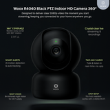 Woox R4040 Black PTZ Indoor HD Camera 360° on a dark background with product features listed.