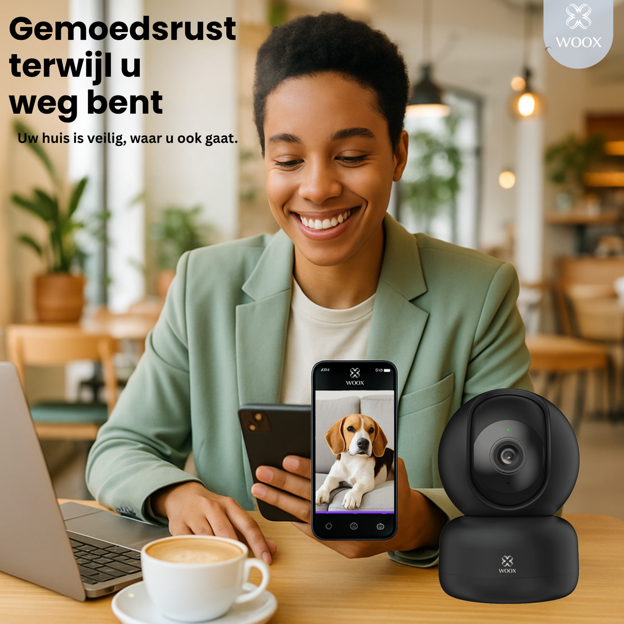 Person using a smartphone with a dog photo, next to a WOOX security camera, with text 'Peace of Mind While You are Away' and WOOX logo.