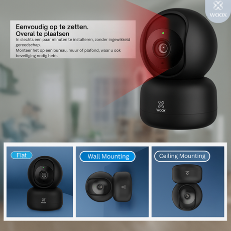 Black security camera with mounting options displayed on a blurred indoor background