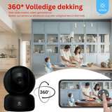WOOX smart home camera with 360-degree coverage in a kitchen setting, showing family activities.