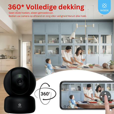 WOOX smart home camera with 360-degree coverage in a kitchen setting, showing family activities.