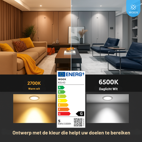 Collage of two living room scenes with different light settings and a WOOX energy label.