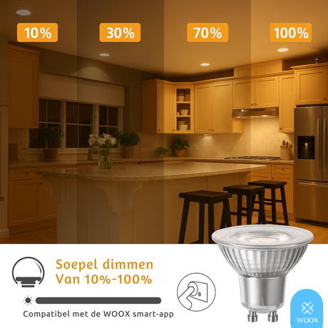 Kitchen with dimmable light bulb labeled 10%, 30%, 70%, and 100% on the ceiling.