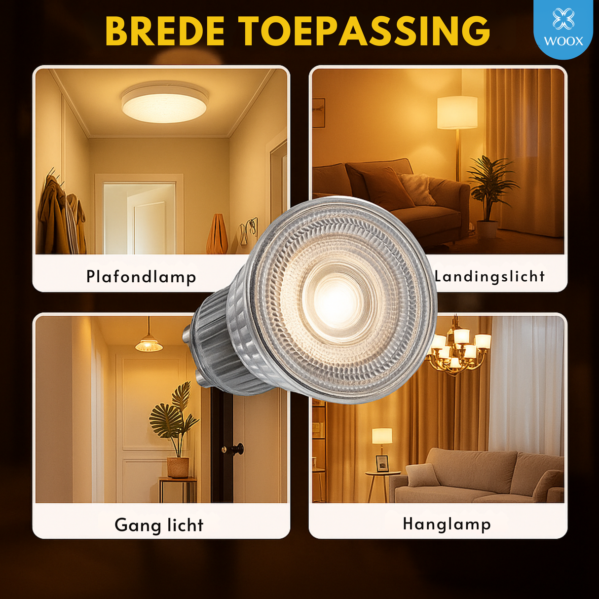 LED light bulb with applications in ceiling, landing, hallway, and pendant lights on a dark background.