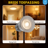 LED light bulb with applications in ceiling, landing, hallway, and pendant lights on a dark background.
