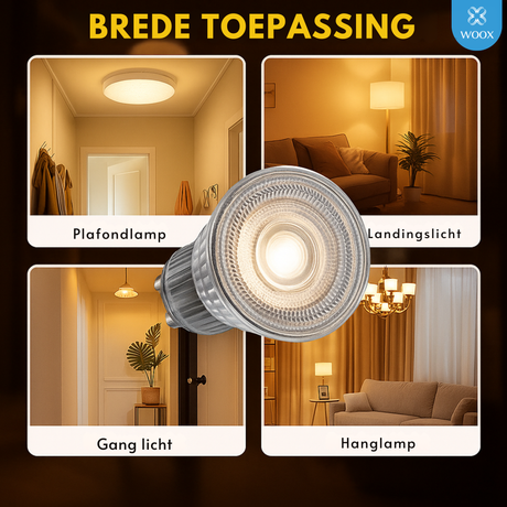 LED light bulb with applications in ceiling, landing, hallway, and pendant lights on a dark background.