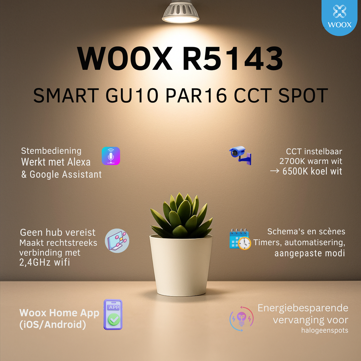 Smart light bulb with plant on a table, featuring WOOX R5143 branding and product features.