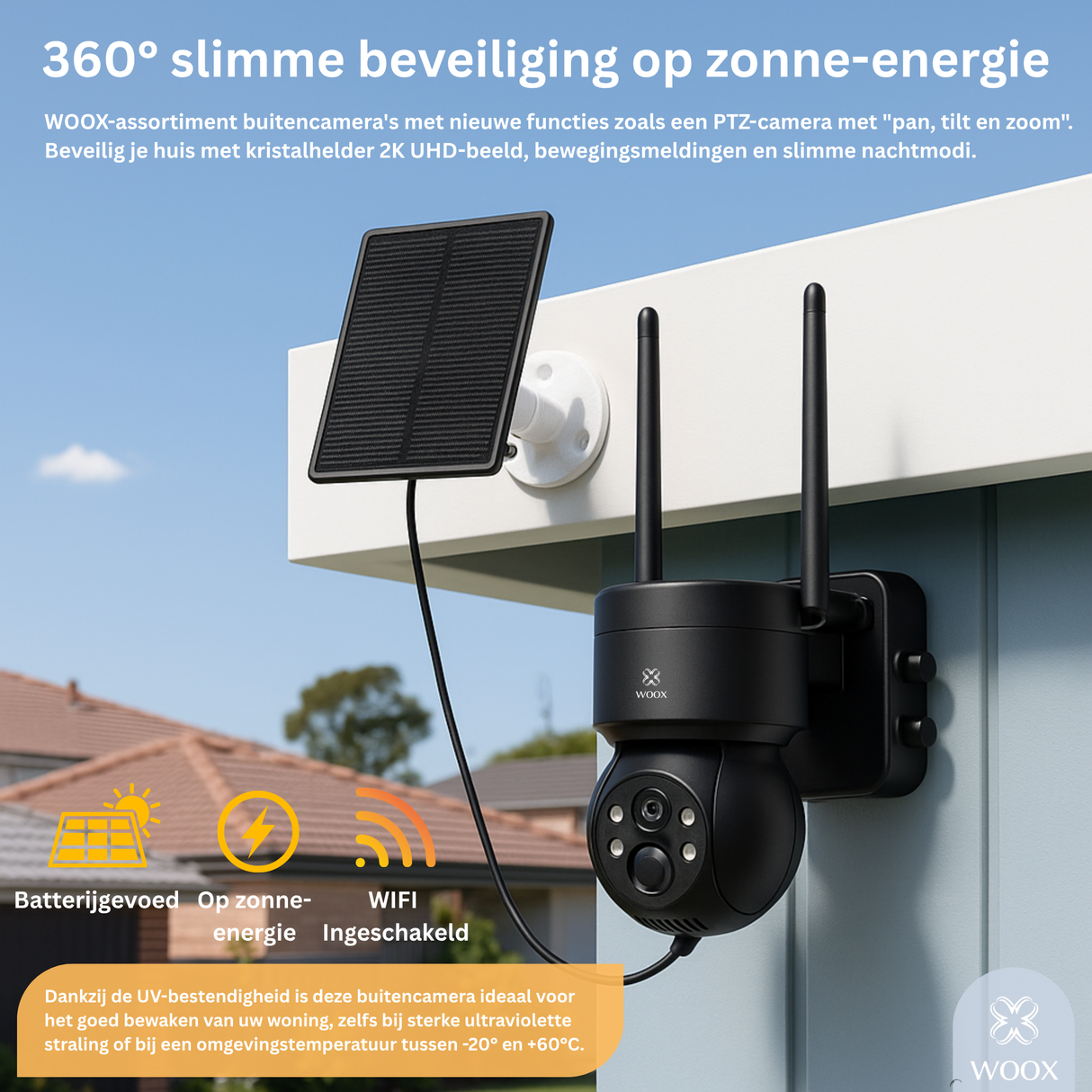 Solar-powered 360-degree smart security camera with solar panel on a wall, featuring WOOX branding.
