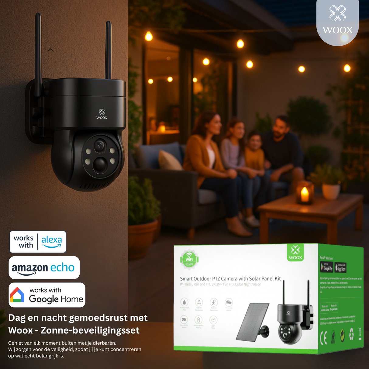 Woox smart outdoor security camera with packaging and family sitting on a couch in the background.