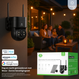 Woox smart outdoor security camera with packaging and family sitting on a couch in the background.