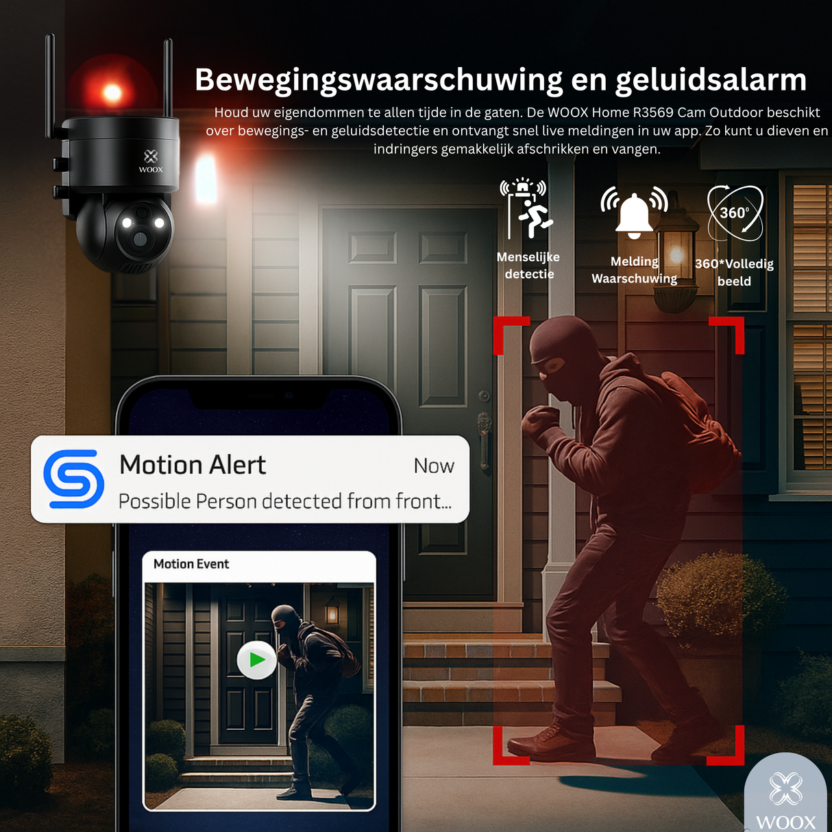 Outdoor security camera with motion and sound alarm system, smartphone app displaying alert notifications.