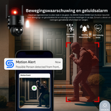 Outdoor security camera with motion and sound alarm system, smartphone app displaying alert notifications.