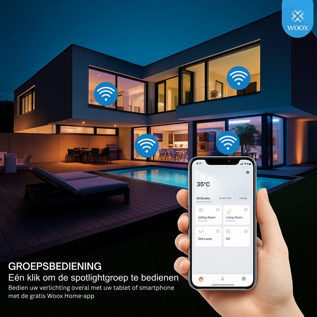 Smart home control app on a smartphone with a modern house in the background
