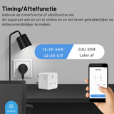 Smart plug with smartphone app control and timer function display, featuring WOOX branding.