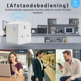 Smart home device with text about remote control, shown in a kitchen setting.