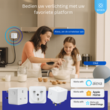 Smart home device with Alexa integration shown in a kitchen setting, featuring a woman and child.