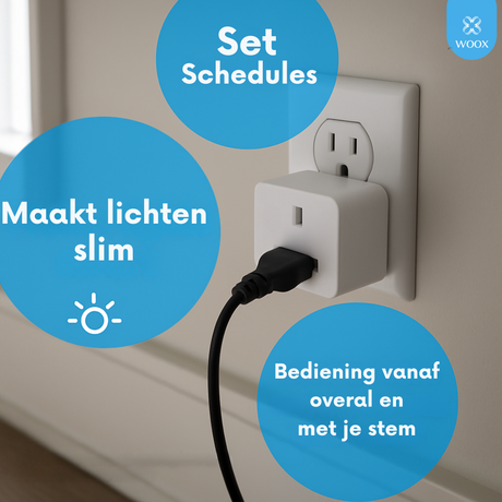 WOOX remote control with kitchen scene and people using phones in different settings.