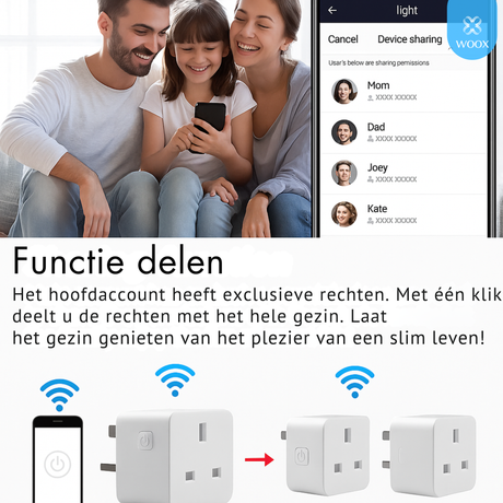 Family using a smartphone with smart home device interface displayed