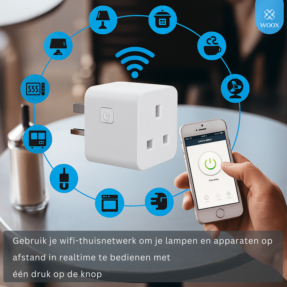 Woman using smartphone to control smart indoor plug with app interface displayed