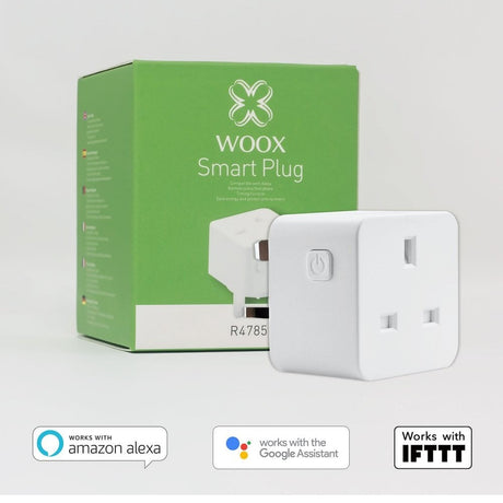 WOOX Smart Plug with packaging and connectivity logos on a light gray background