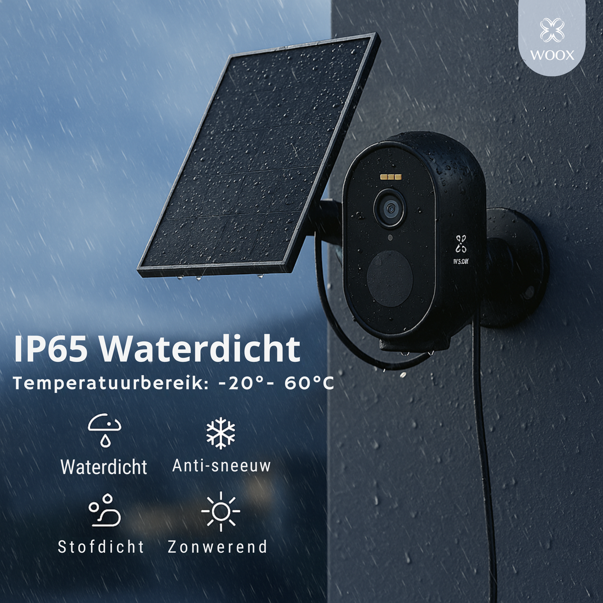 IP65 waterproof outdoor camera with solar panel on a dark surface, featuring the WOOX brand.