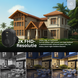 Smart home security camera with 2K FHD resolution features displayed against a house background.
