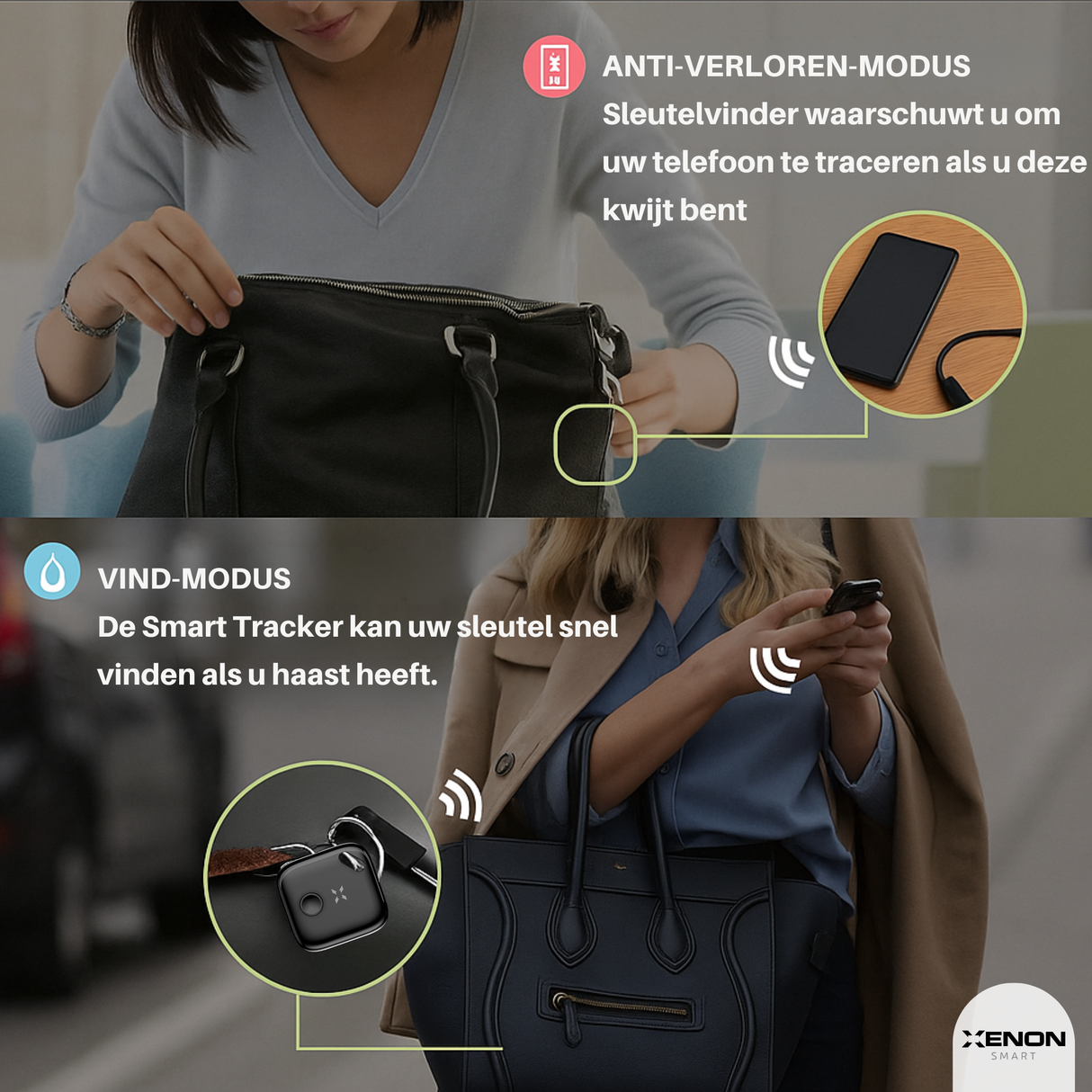 Advertisement for a key finder device with 'Anti-Lost Mode' and 'Find-It Mode' features, featuring a woman using the device.